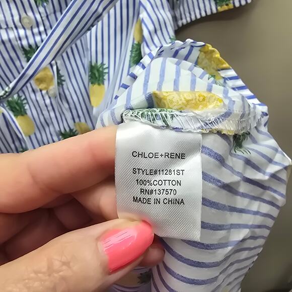 Chloe + Rene Striped Button Up Pineapple Print Dress Blue & White Size Medium - Picture 7 of 8